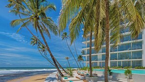 Un hotel frente a la playa con piscina, palmeras y vistas al océano.