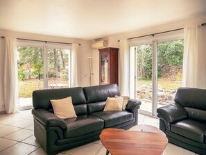 Smart TV, chimenea, libros, estéreo