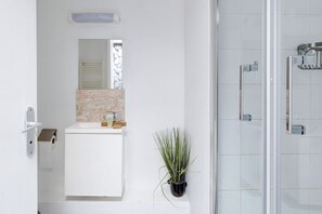 Shower, hair dryer, towels