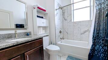 Hair dryer, towels, soap, shampoo