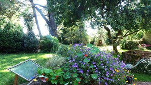 Un jardín con jardineras de madera elevadas que contienen diversas flores y plantas.