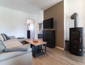 A modern living room with a sofa, a TV on a cabinet, and a wood-burning stove. - Ferienwohnung in Busum (Büsum)