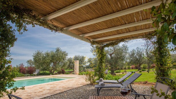 Zona exterior coberta amb piscina, gandules i taula de fusta amb un got de vi.