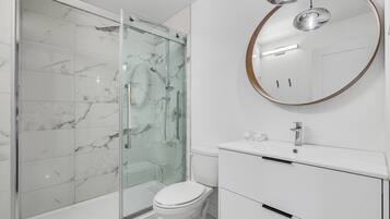 A modern bathroom with a glass-enclosed shower, a white toilet, and a vanity with a mirror.