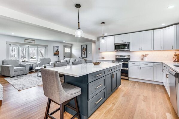 Fridge, microwave, oven, stovetop - Acres Away - Spacious Maine Retreat w/ Bunkhouse (Eliot)