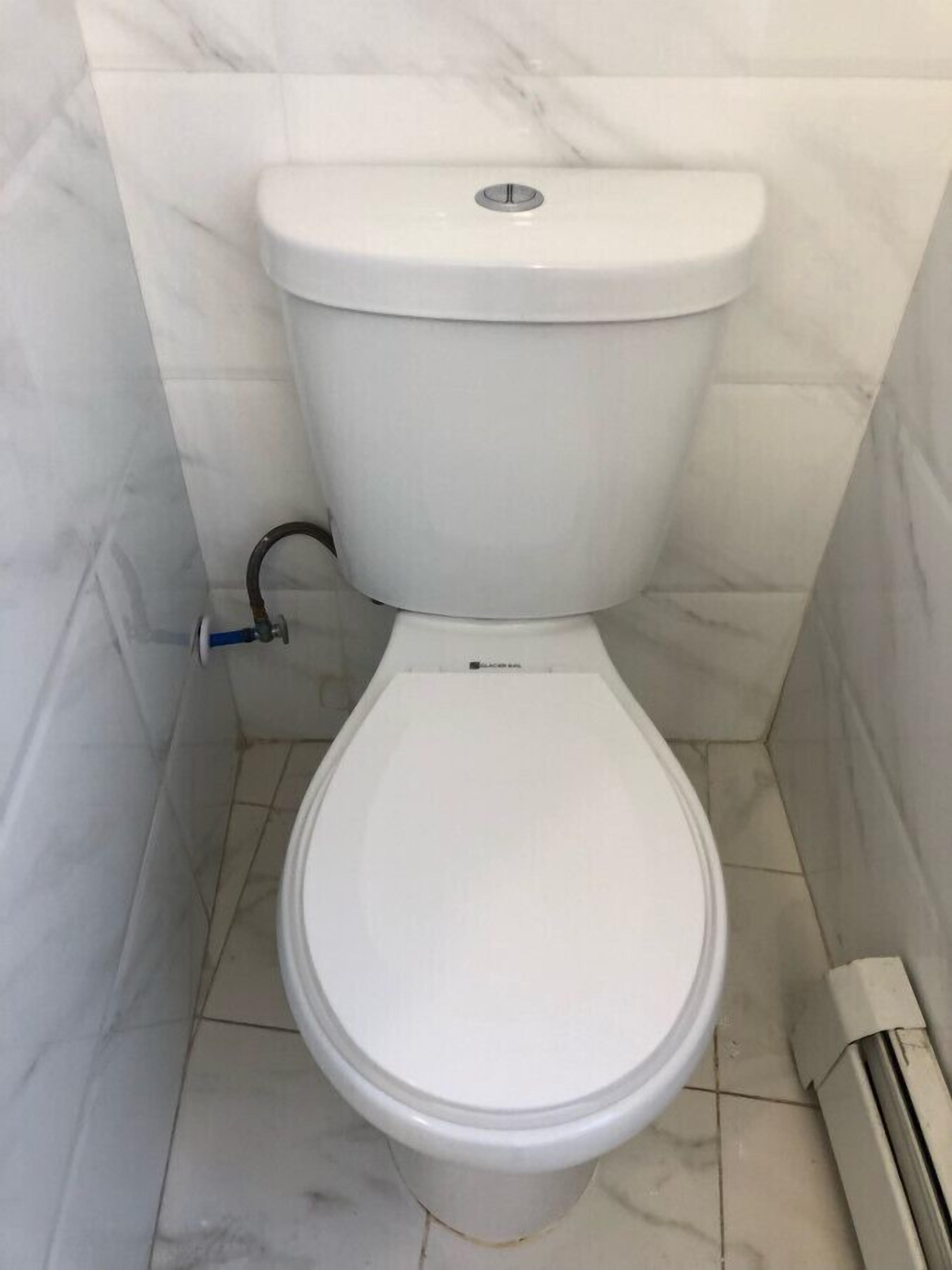 A toilet with a flush handle and a bidet attachment.