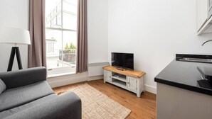 Un salon moderne avec un canapé gris, un téléviseur posé sur un meuble en bois, un coin cuisine doté d’un plan de travail noir et une fenêtre avec des rideaux.