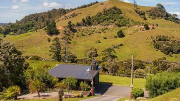 A rural landscape with a house on a hill, a paved driveway, and surrounding greenery.