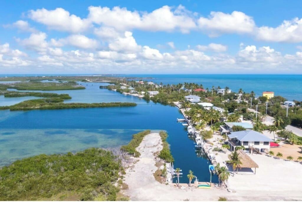 A coastal area with clear blue waters, a marina, and buildings with palm trees.