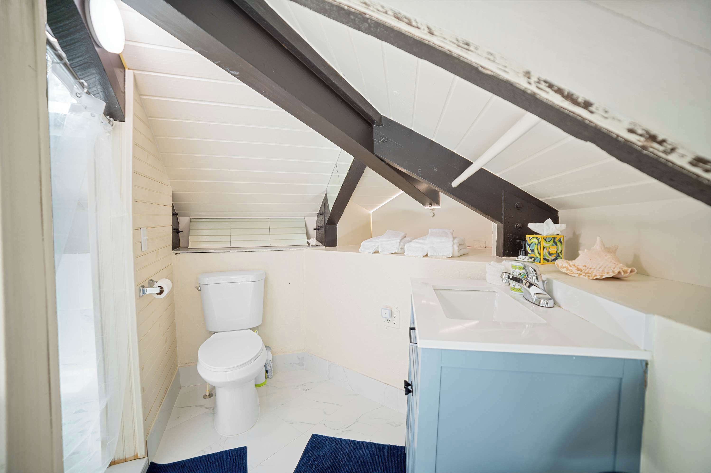 Ein kleines, schmales Badezimmer mit einer weißen Toilette, einem Waschbecken und einem blauen Schrank.