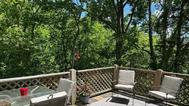 A wooden deck with outdoor furniture, including a table and chairs, surrounded by a wooden fence and lush greenery. - Cozy Cottage-Devil`s Bathtub/Nat Tunnel (Duffield)