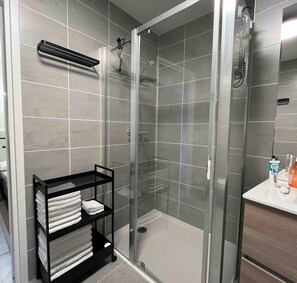 Shower, hair dryer, towels