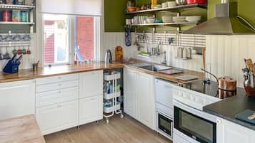 Fridge, stovetop, dishwasher, coffee/tea maker