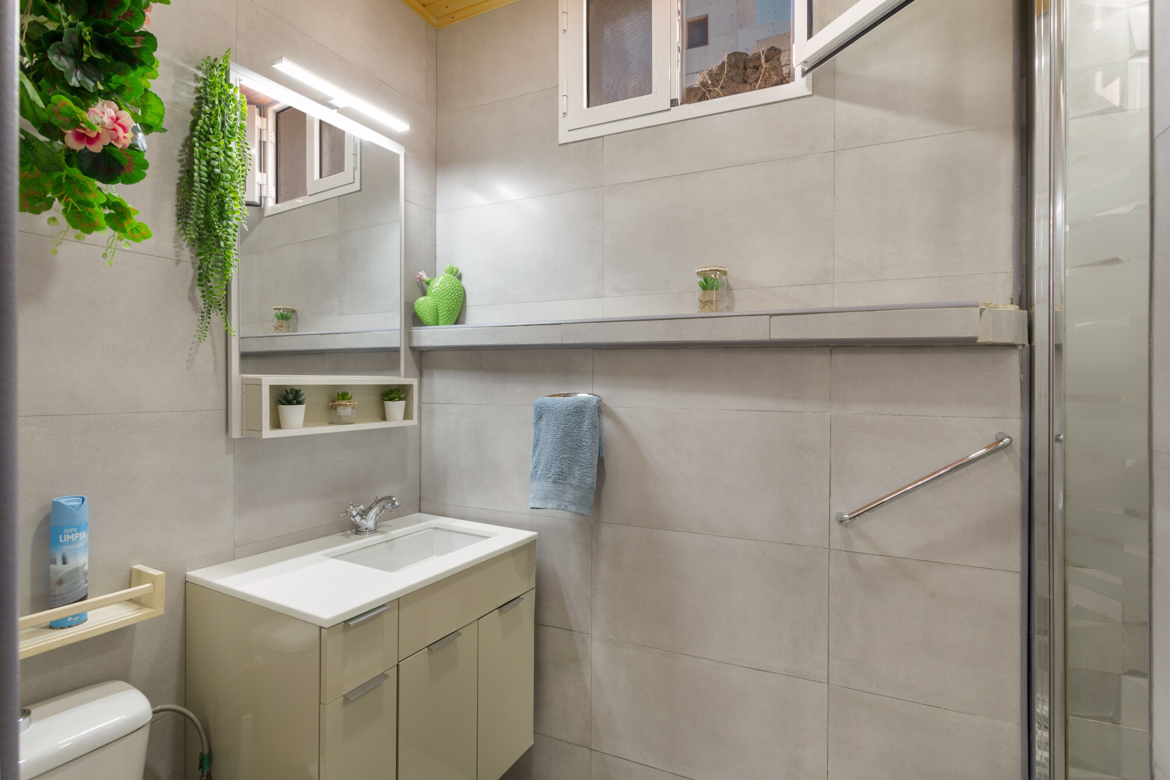 Une salle de bain équipée d’un lavabo, d’un miroir, d’un porte-serviettes et d’un espace douche.
