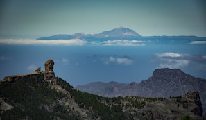 A mountain landscape with a prominent rock formation in the foreground, a forested area, and a distant mountain peak.