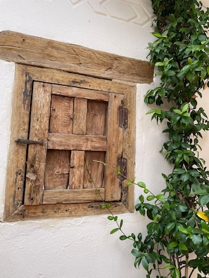 Una ventana con contraventanas de madera rústica y una planta creciendo a su lado.
