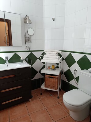 Dusj, hårføner og håndklær