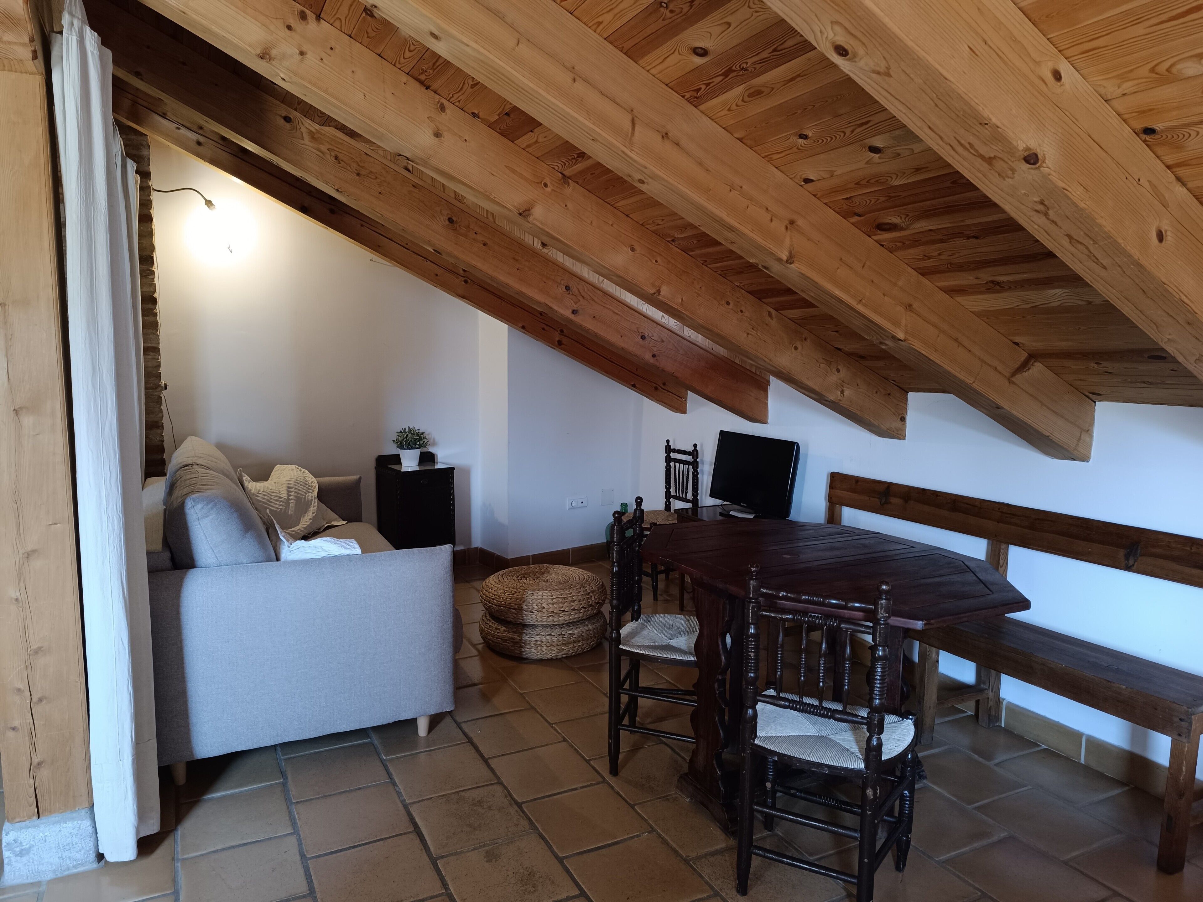 Een gezellige zolderkamer met houten plafond, een bank, een eettafel met stoelen en een televisie.