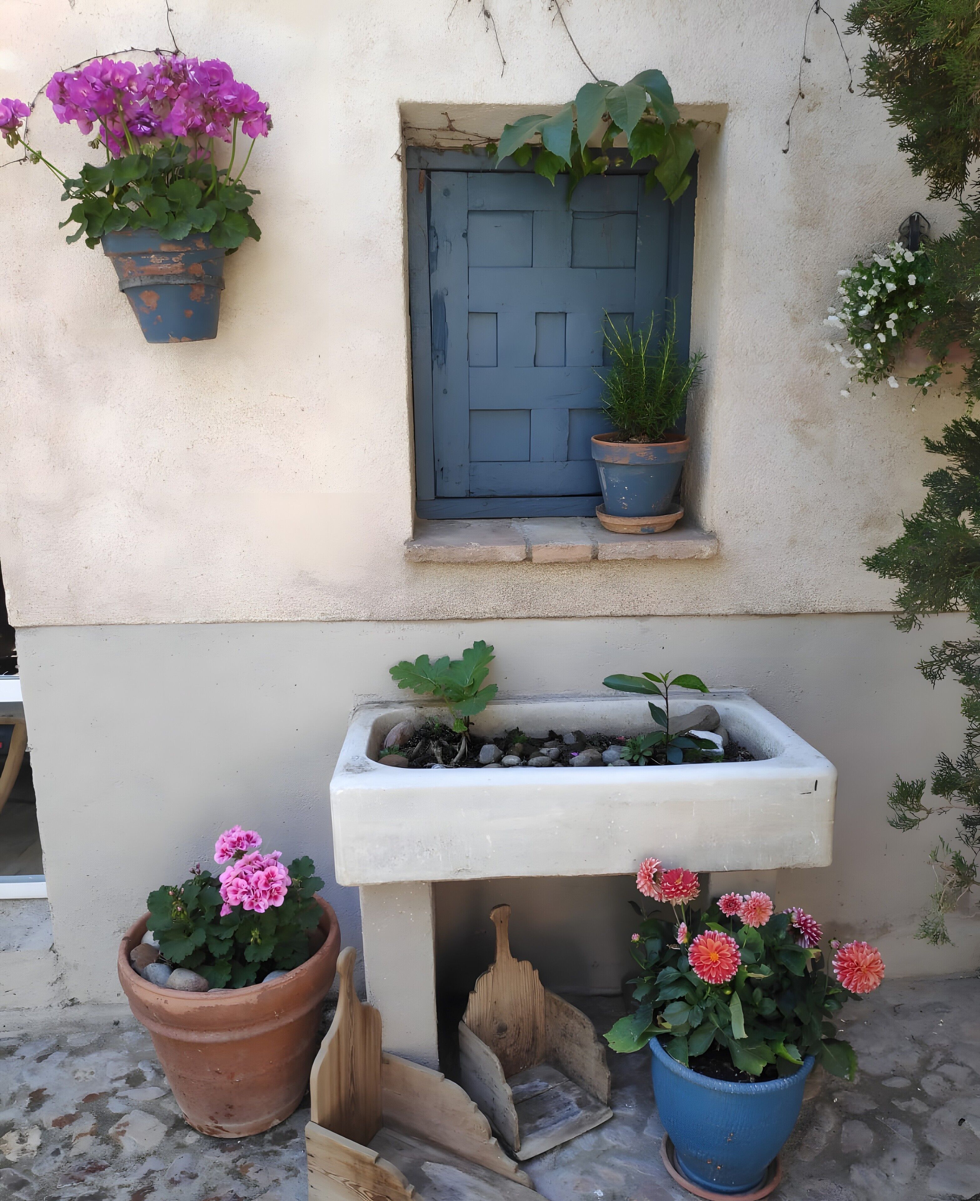 A building exterior with a blue door, a window, and multiple potted plants.