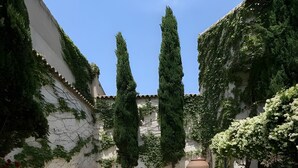 A swimming pool with lounge chairs, surrounded by tall trees and a white wall with greenery. - Family Room La Hornacina, Hotel Rural Consuegra (Consuegra)