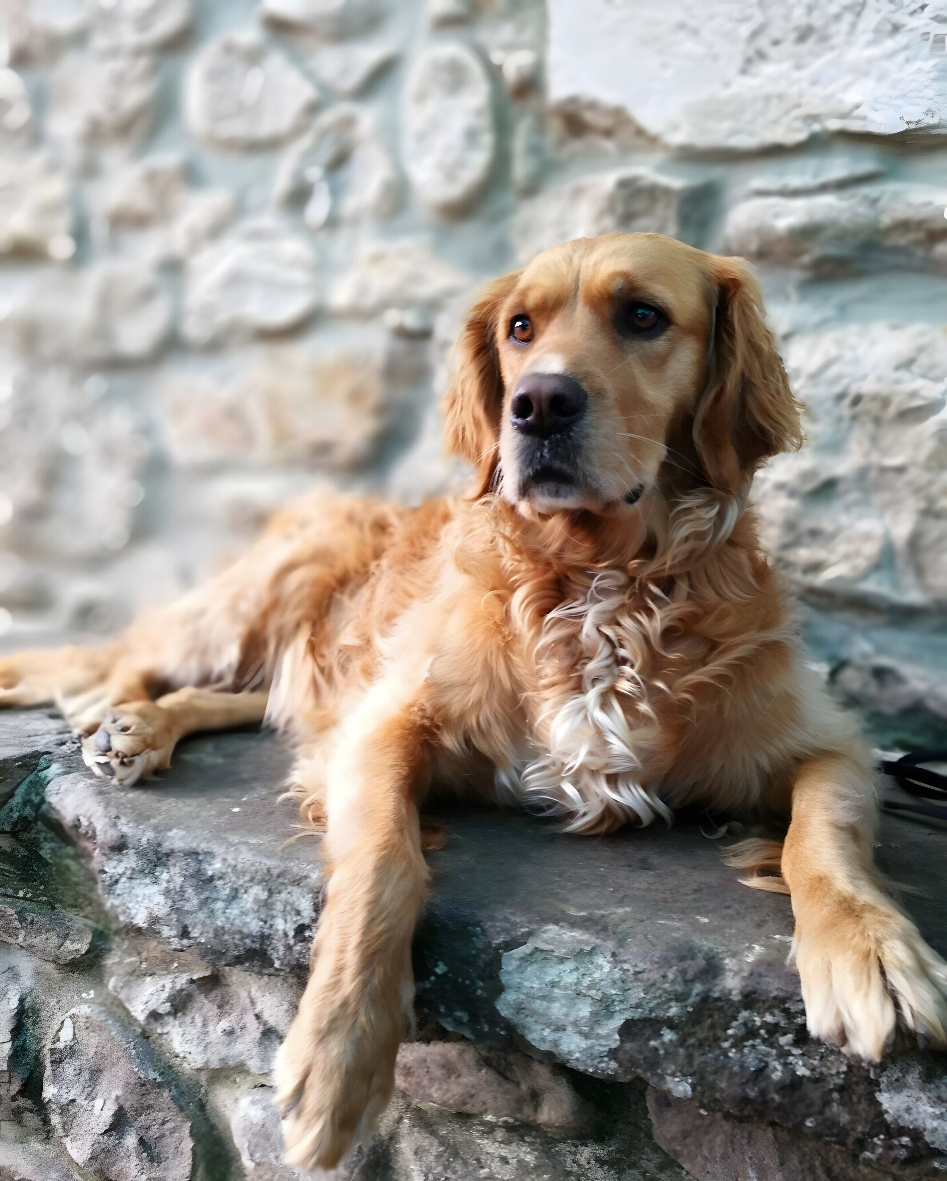 Un perro descansando sobre una superficie de piedra.