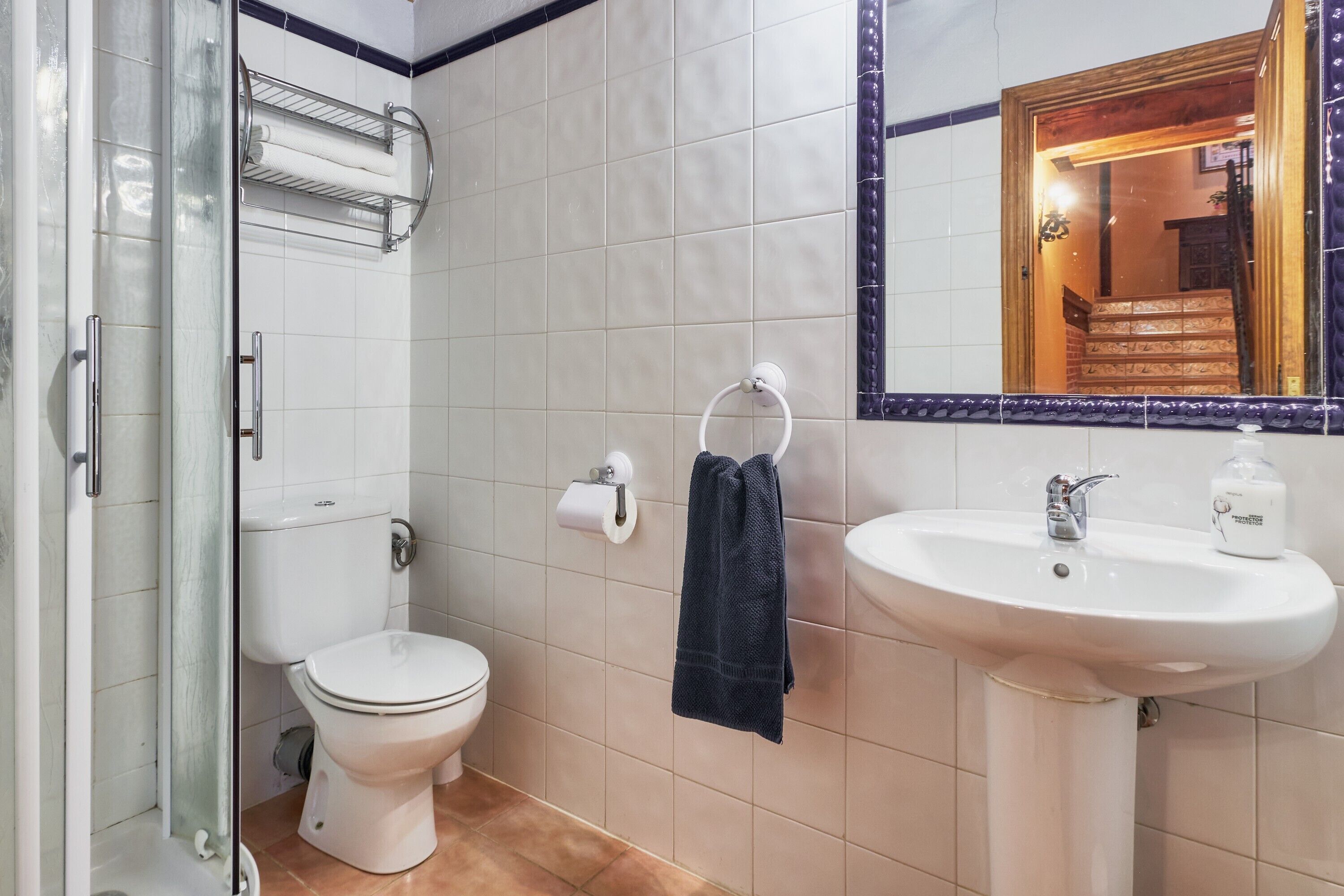 Een badkamer met toilet, wastafel, handdoekhouder en douche.
