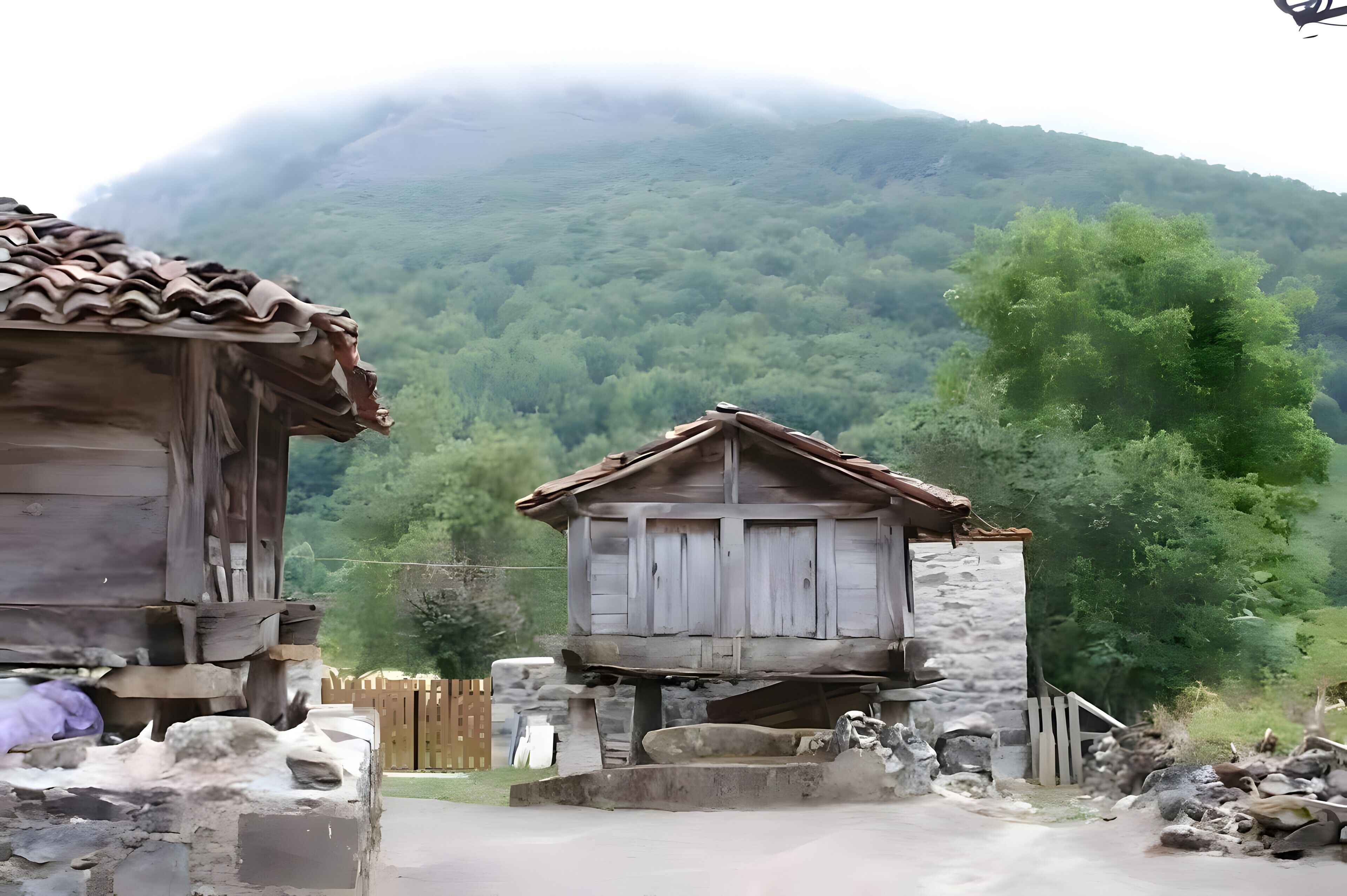 Un bâtiment rustique en bois, doté d’une base en pierre, entouré d’un paysage rural avec une montagne en arrière-plan.