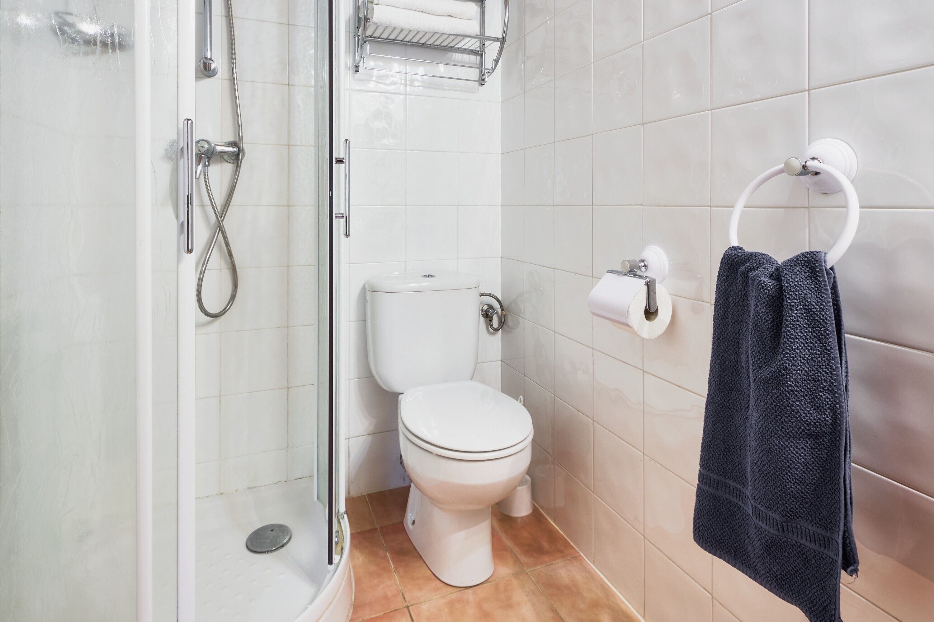 Een badkamer met een douche, toilet en handdoekhouder.