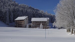 A snow-covered landscape with a building featuring multiple balconies and a ski slope in the background. - Studio 'Grand Serre' with Lake View and Private Terrace (La Morte)