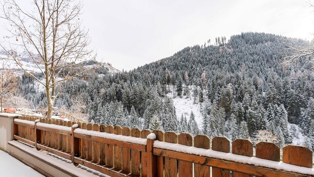 Une clôture en bois, recouverte de neige, surplombe une montagne boisée.