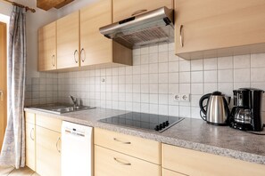 Fridge, stovetop, dishwasher, coffee/tea maker