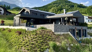 Ein modernes Haus mit einer Stein-Fassade, großen Fenstern und einem geneigten Dach.