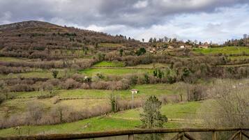 A rural landscape with rolling hills, sparse vegetation, and a few houses in the distance.