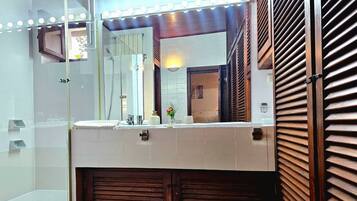 Shower, hair dryer, towels