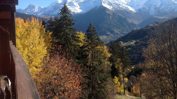 A mountain cabin with a view of snow-capped peaks and autumn-colored trees. - Apartment "Vue Mont Blanc" (Saint-Gervais-les-Bains)