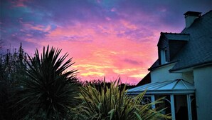 A house with a sloped roof, a covered porch, and a garden with yucca plants. - Holiday Home 'Grande Maison À 5min Des Plages' with Shared Pool, Terrace and Private Garden (Pouldreuzic)