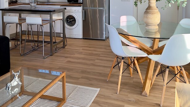Ett modernt kök med rostfria vitvaror, en matplats med ett glasbord och en stor krukväxt.