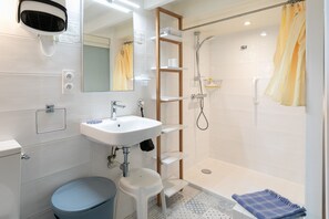 Shower, hair dryer, towels