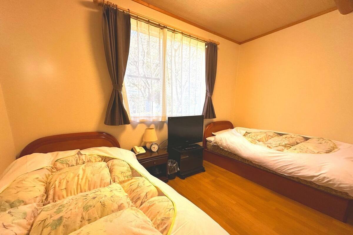 Una habitación con dos camas, televisión, lámpara y ventana con cortinas.