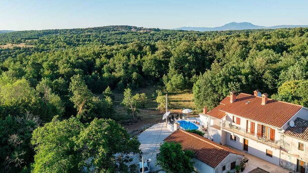 Una villa con piscina, rodeada de un bosque denso y colinas al fondo.