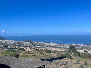 A coastal town with a view of the sea, buildings, and a hill.