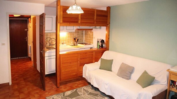 A compact living space with a kitchenette, a sofa, and a patterned rug. - STUDIO  N° 110 LES FLOCONS (LES ORRES 1650)
