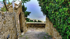Eine steinerne Treppe führt zu einem Strand, umgeben von Grünpflanzen und einer Steinmauer.