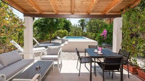 A covered outdoor area with a pool, seating, and potted plants. - Holiday home with air conditioning and pool (Novigrad)