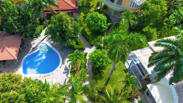 Vista aérea de un complejo turístico con piscina rodeada de exuberante vegetación y palmeras.
