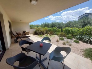 Um pátio externo com mesa e cadeiras, uma cadeira de vime e vista para um jardim com diversas plantas e um edifício ao fundo.