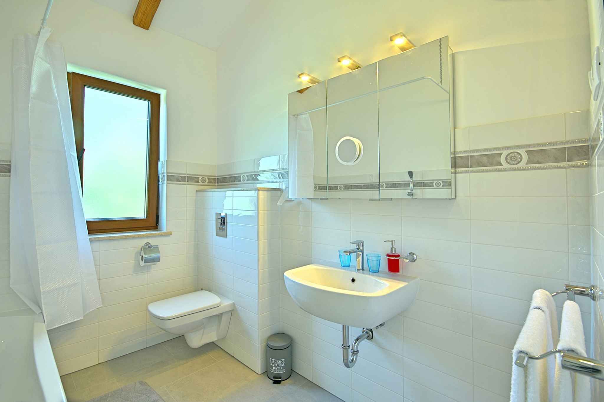 A bathroom with a toilet, sink, and mirror.