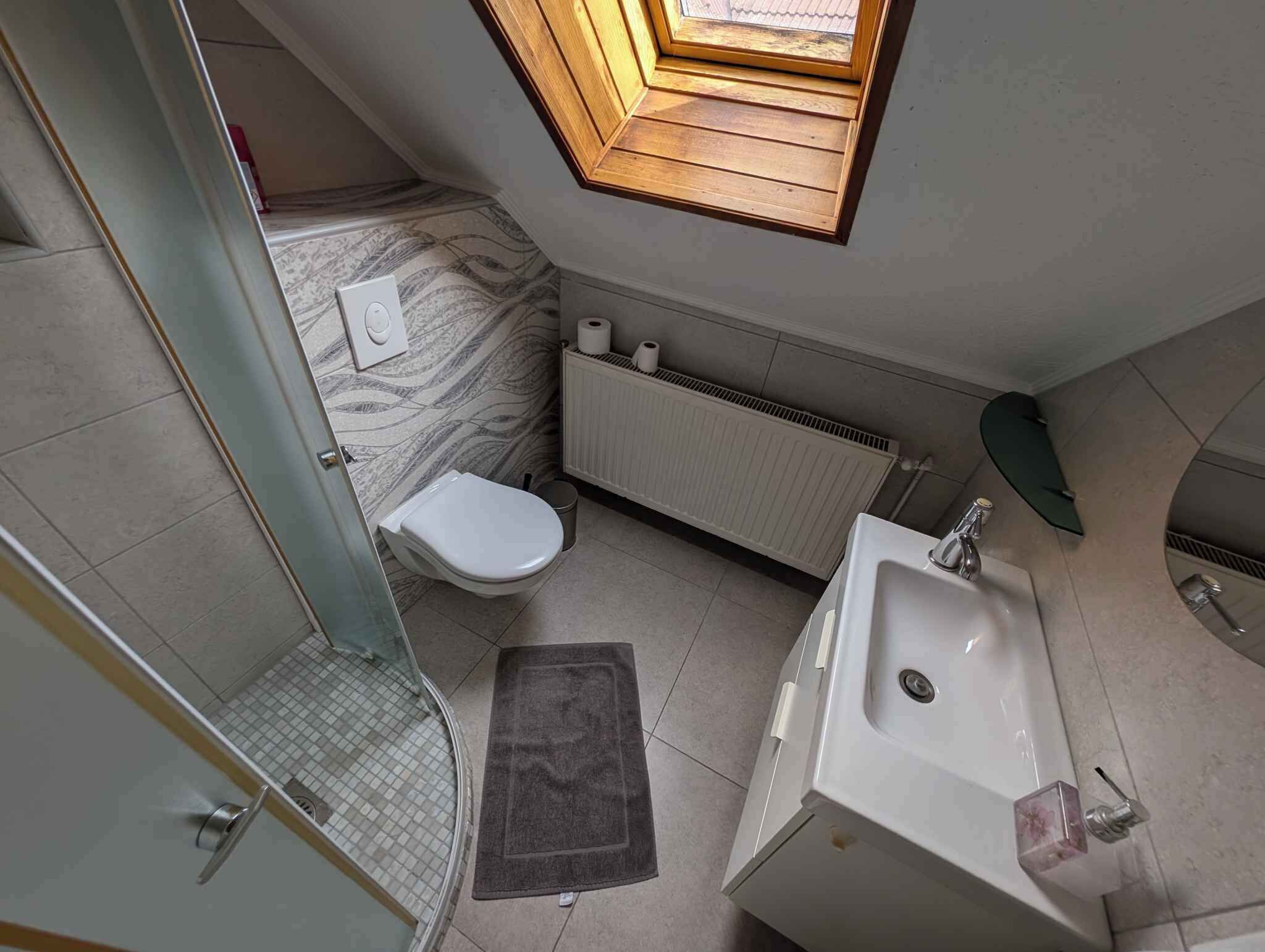 Un baño pequeño con tragaluz, inodoro, lavamanos y zona de ducha.