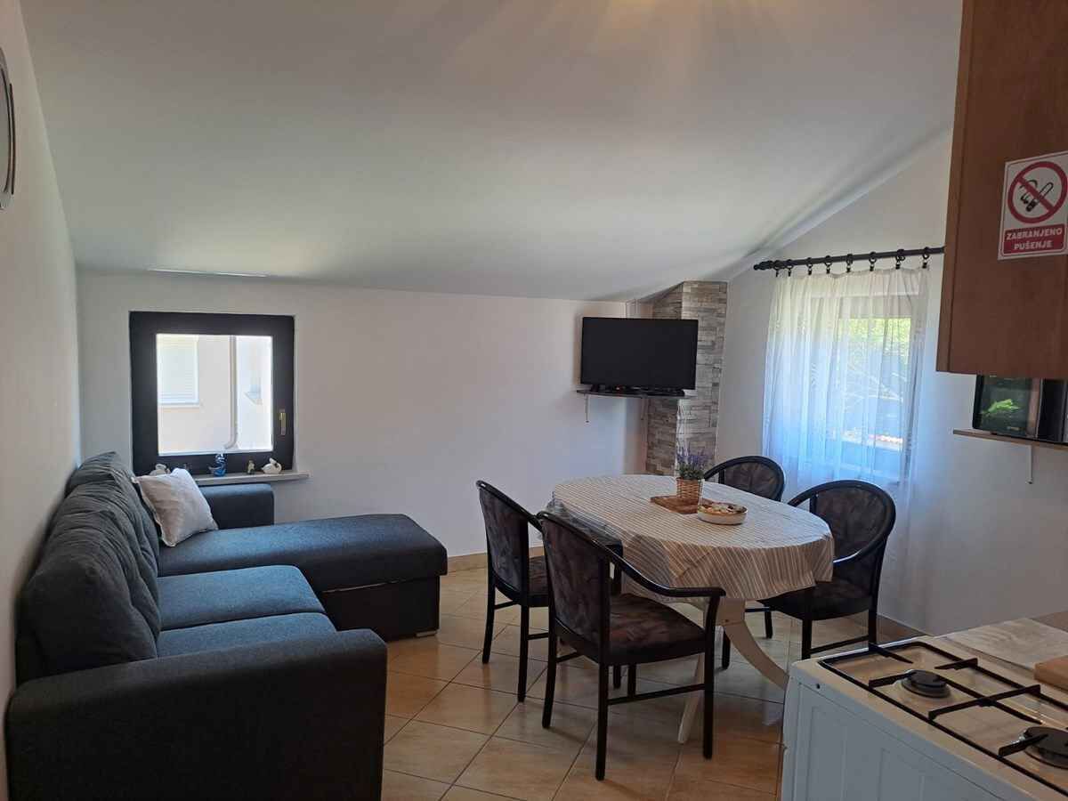 Ein kompakter Wohnbereich mit einer Couch, einem Esstisch mit Stühlen, einem flachbildfernseher an der Wand und einer Küchenzeile mit Gasherd.