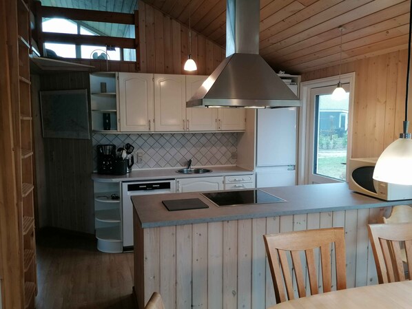 Een koelkast, een oven, een kookplaat, een vaatwasser